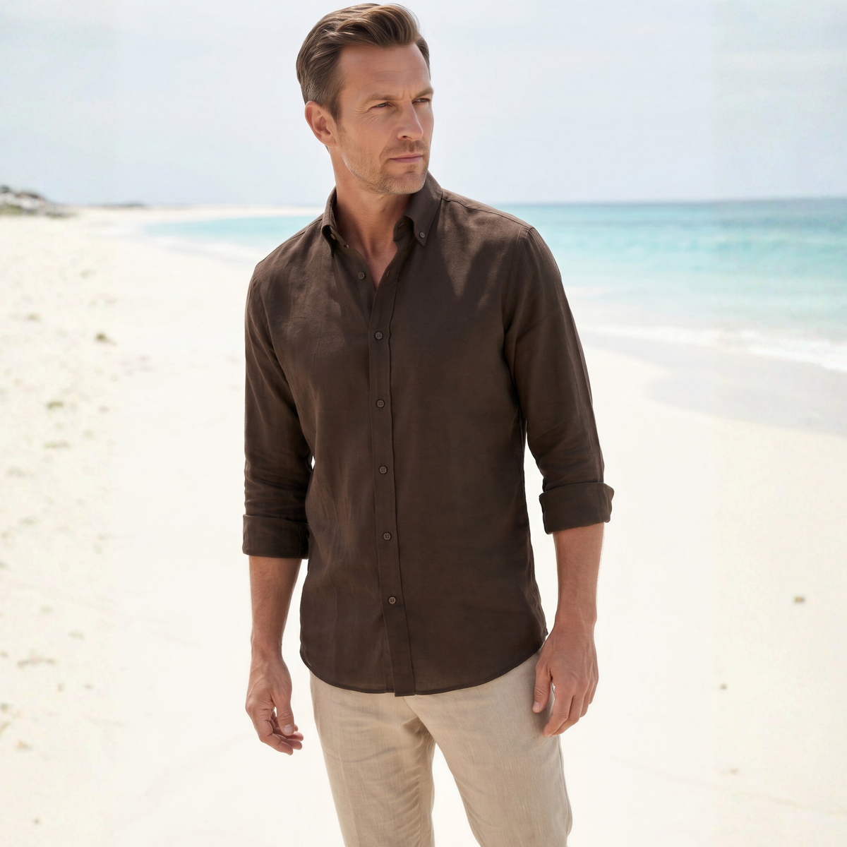 Kahverengi %100 Keten Düğmeli Yaka Casual Modern Fit Cepsiz Gömlek
