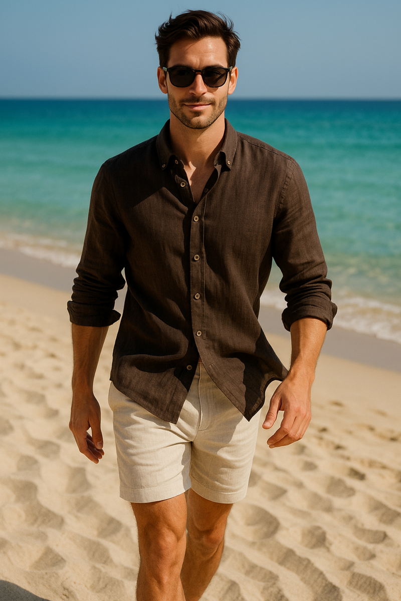 Kahverengi %100 Keten Düğmeli Yaka Casual Modern Fit Cepsiz Gömlek
