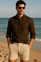 Kahverengi %100 Keten Düğmeli Yaka Casual Modern Fit Cepsiz Gömlek