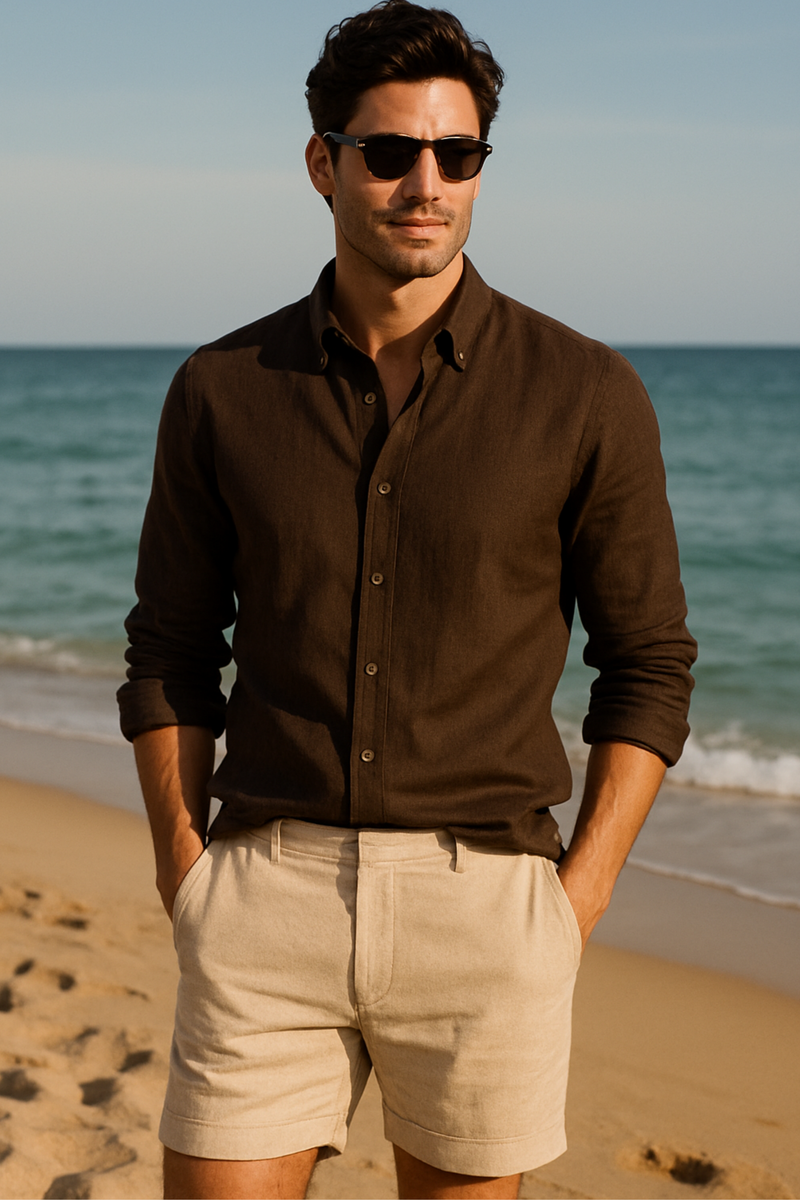 Kahverengi %100 Keten Düğmeli Yaka Casual Modern Fit Cepsiz Gömlek