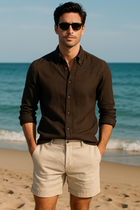 Kahverengi %100 Keten Düğmeli Yaka Casual Modern Fit Cepsiz Gömlek