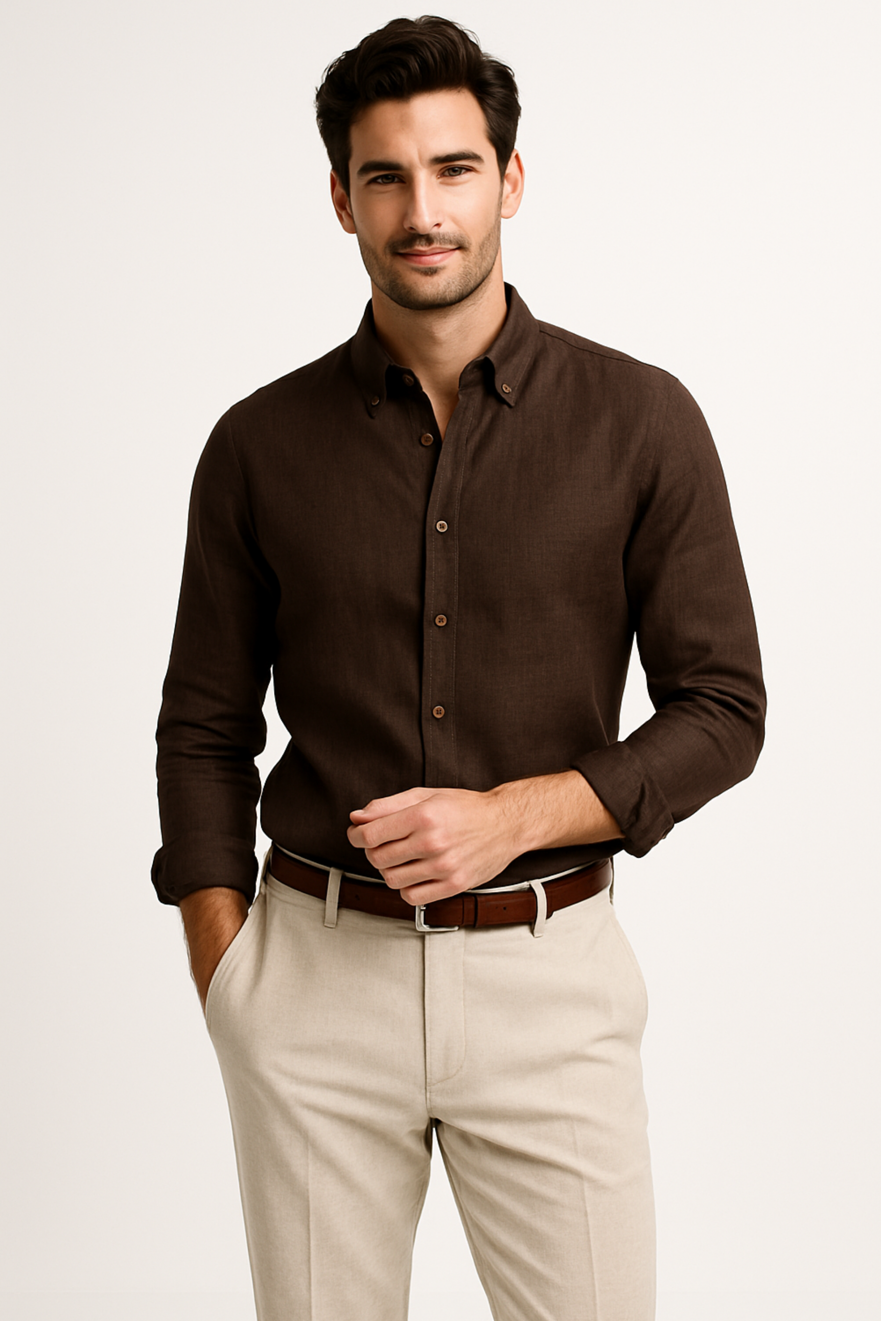 Kahverengi %100 Keten Düğmeli Yaka Casual Modern Fit Cepsiz Gömlek