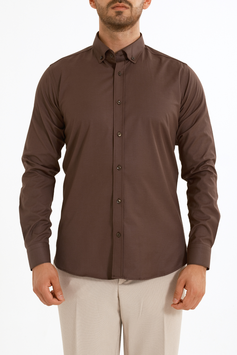Kahverengi Oxford Düğmeli Yaka Pamuk Likra Slim Fit Casual Cepsiz Gömlek