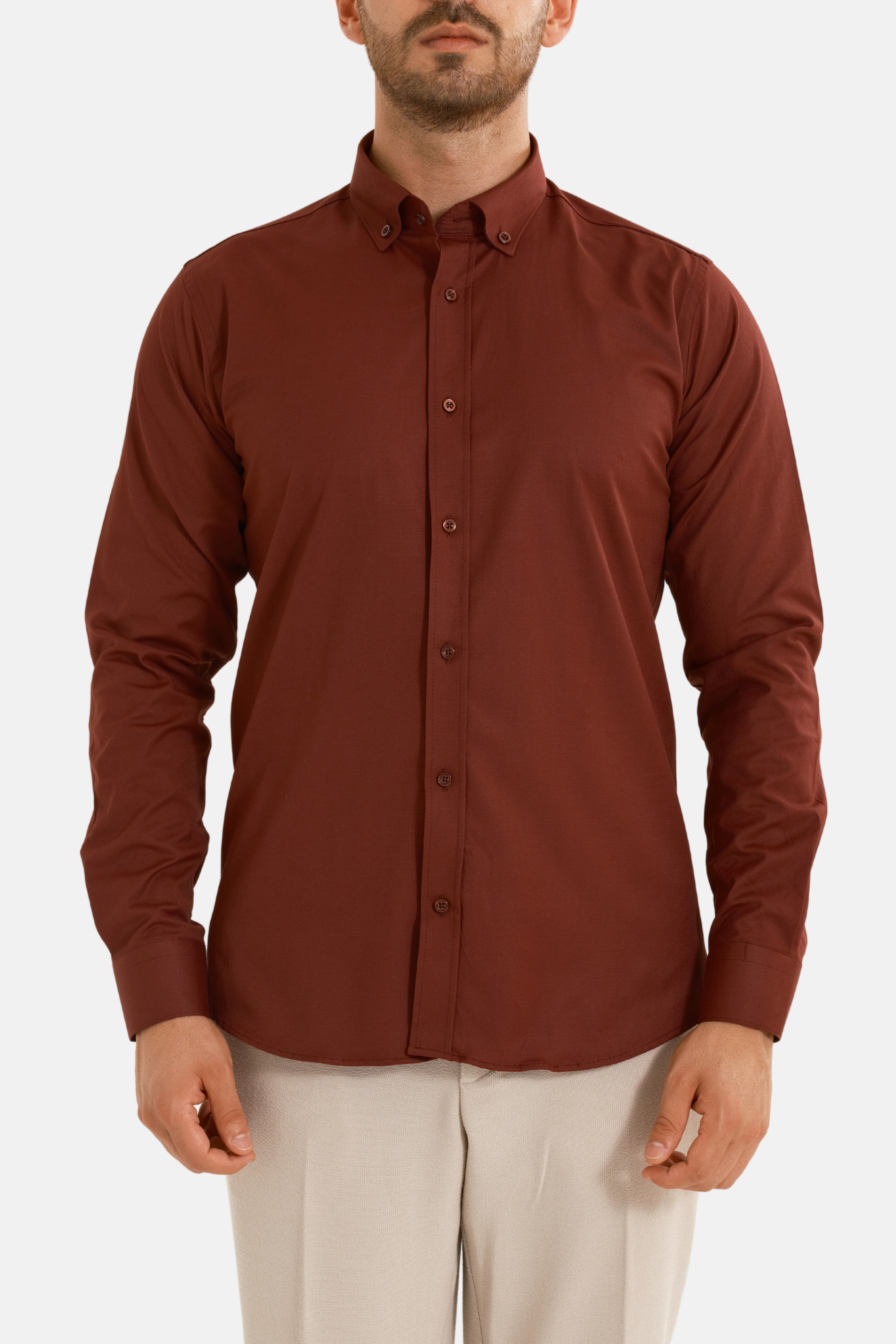 Bordo Oxford Düğmeli Yaka Pamuk Likra Slim Fit Casual Cepsiz Gömlek