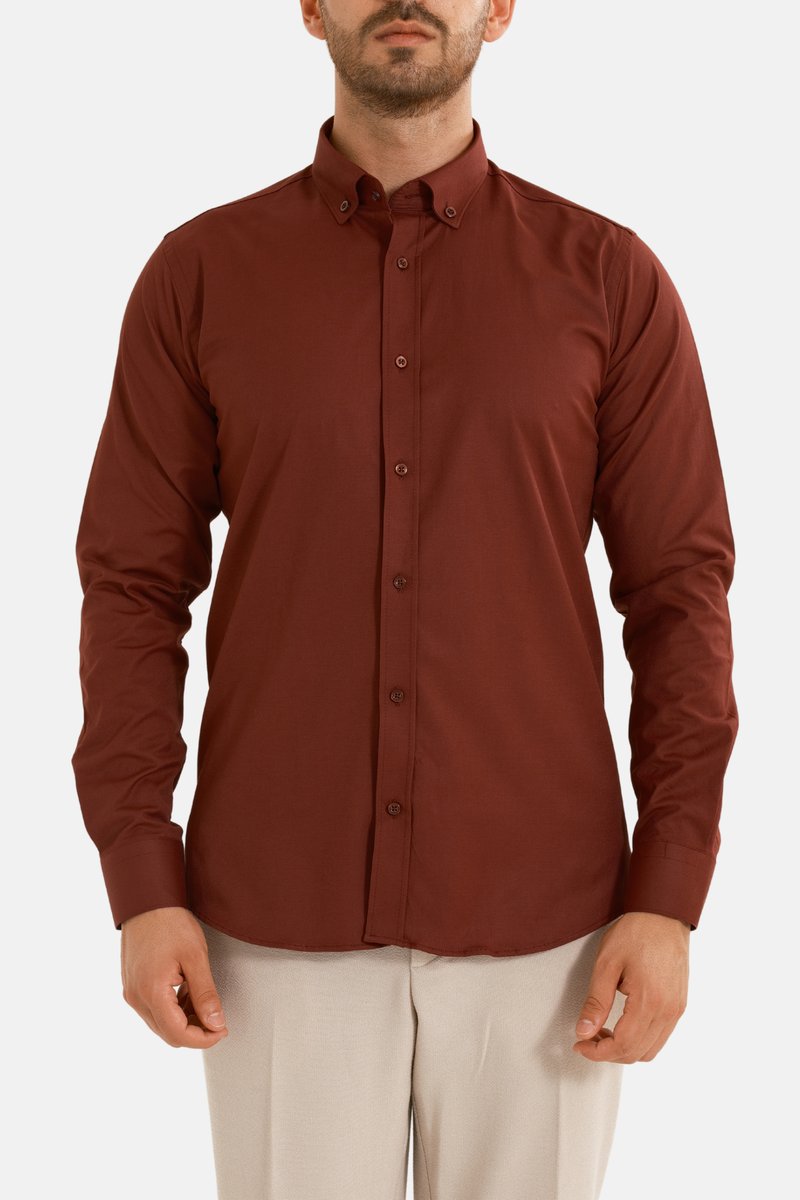 Bordo Oxford Düğmeli Yaka Pamuk Likra Slim Fit Casual Cepsiz Gömlek