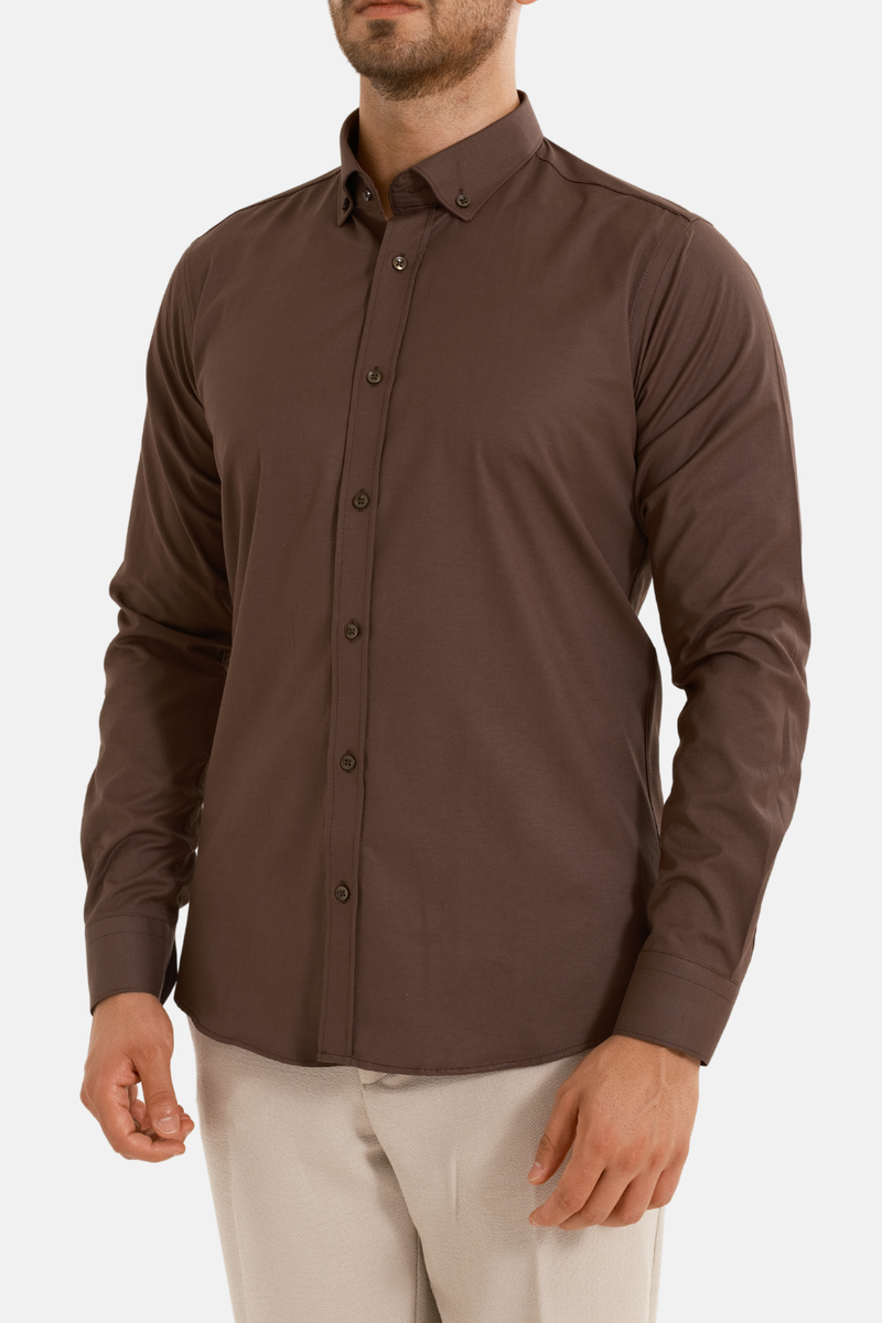 Kahverengi Oxford Düğmeli Yaka Pamuk Likra Slim Fit Casual Cepsiz Gömlek