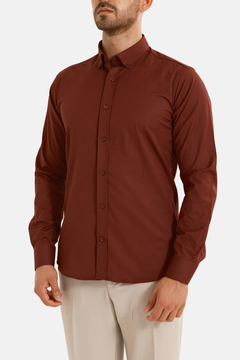 Bordo Oxford Düğmeli Yaka Pamuk Likra Slim Fit Casual Cepsiz Gömlek