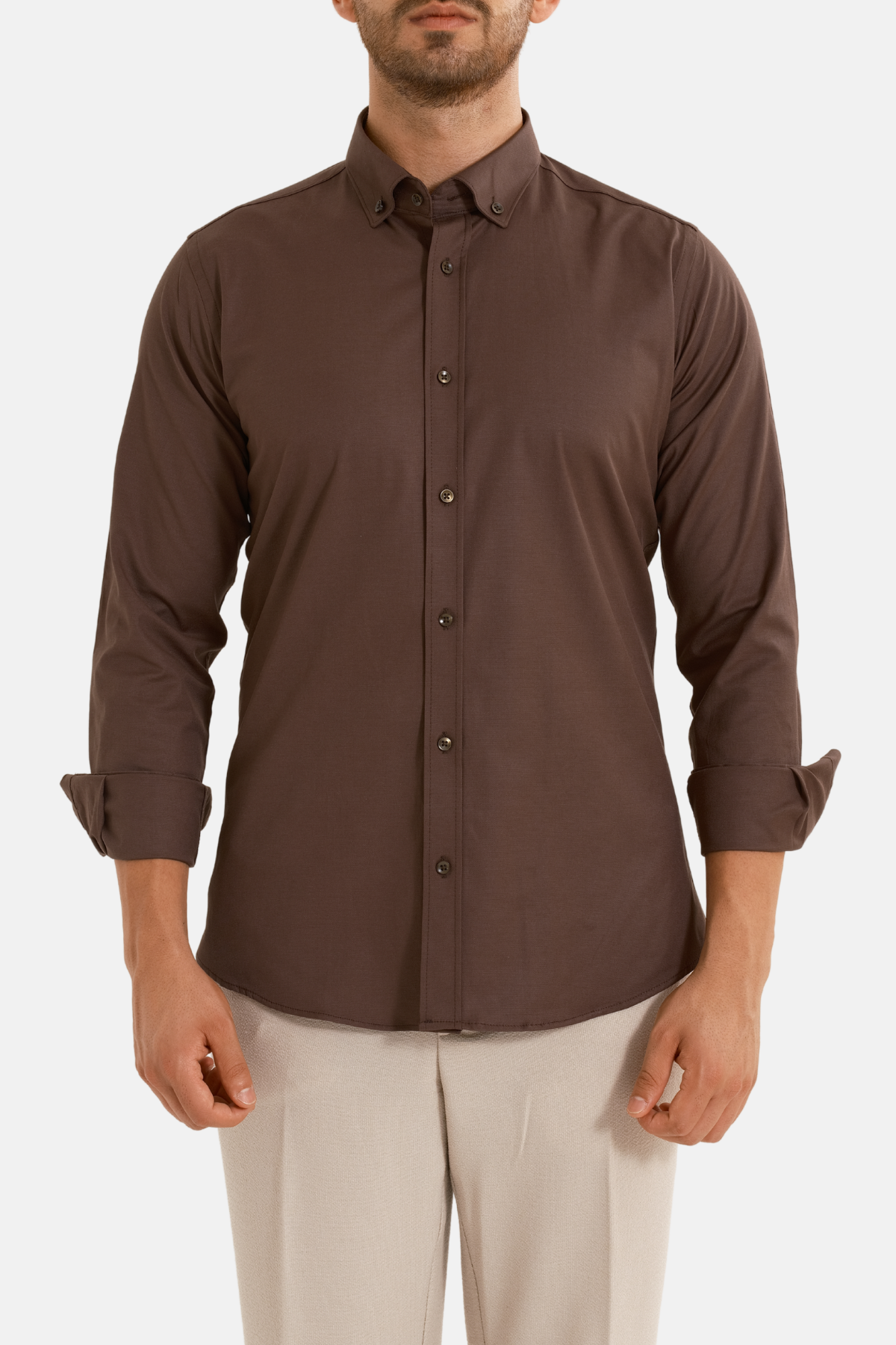 Kahverengi Oxford Düğmeli Yaka Pamuk Likra Slim Fit Casual Cepsiz Gömlek