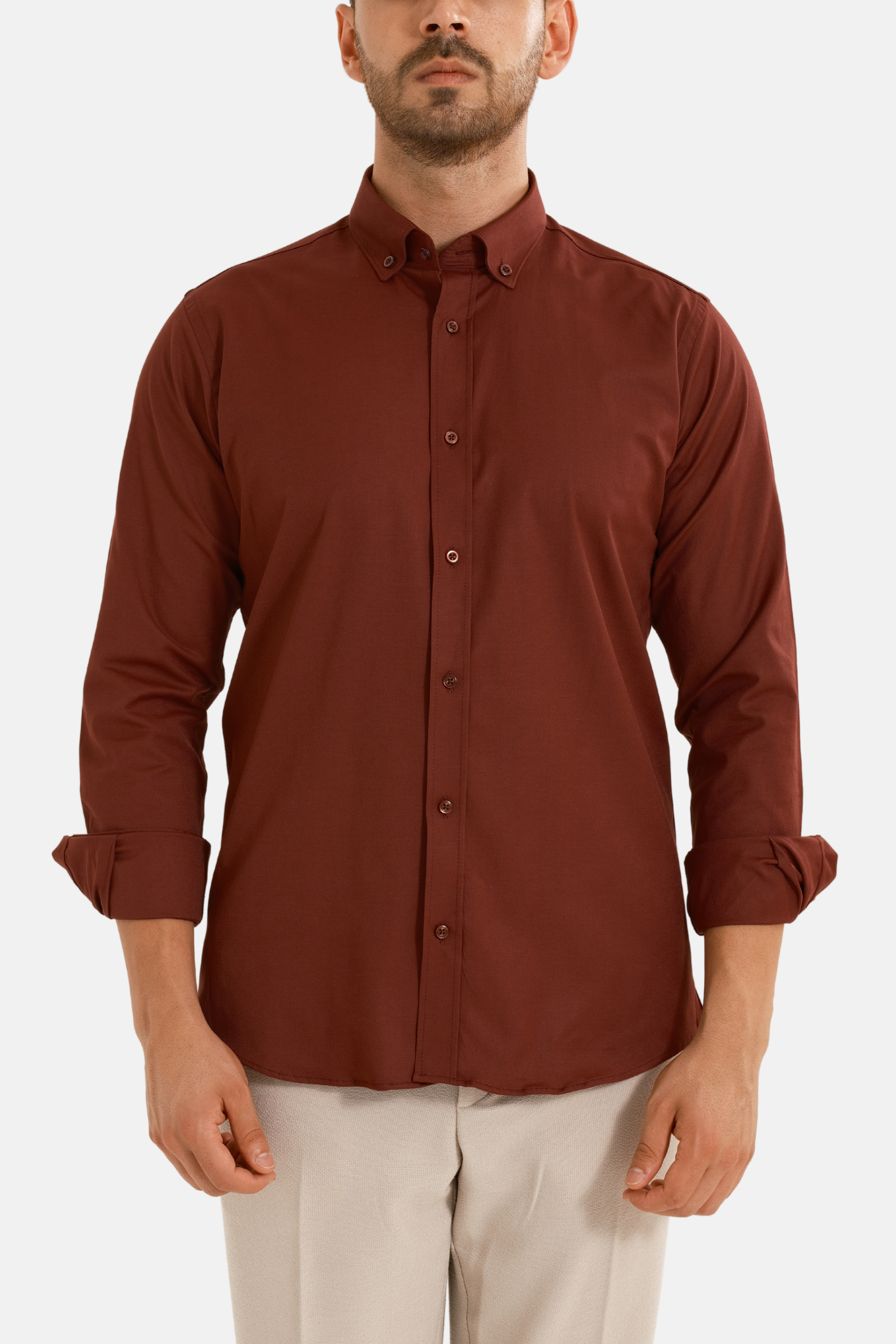 Bordo Oxford Düğmeli Yaka Pamuk Likra Slim Fit Casual Cepsiz Gömlek