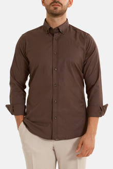 Kahverengi Oxford Düğmeli Yaka Pamuk Likra Slim Fit Casual Cepsiz Gömlek