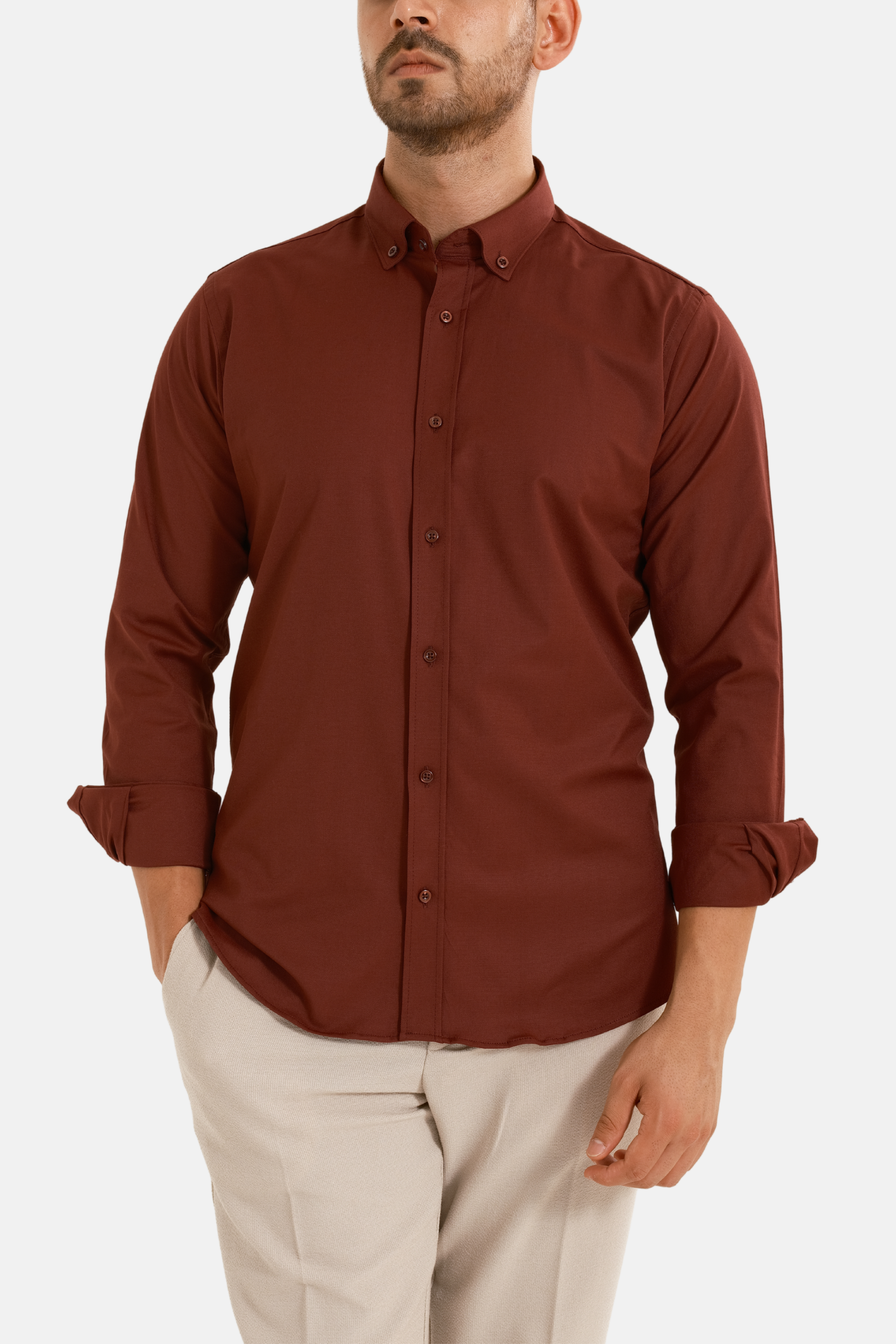Bordo Oxford Düğmeli Yaka Pamuk Likra Slim Fit Casual Cepsiz Gömlek