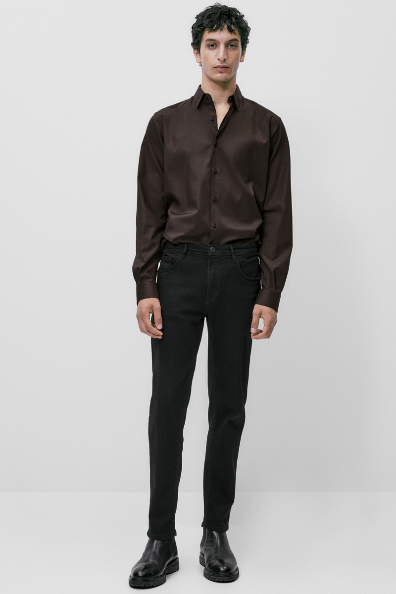 Kahverengi %100 Pamuk Saten Non-Iron Ütü İstemeyen Casual Cepsiz Modern Fit Gömlek