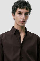 Kahverengi %100 Pamuk Saten Non-Iron Ütü İstemeyen Casual Cepsiz Modern Fit Gömlek