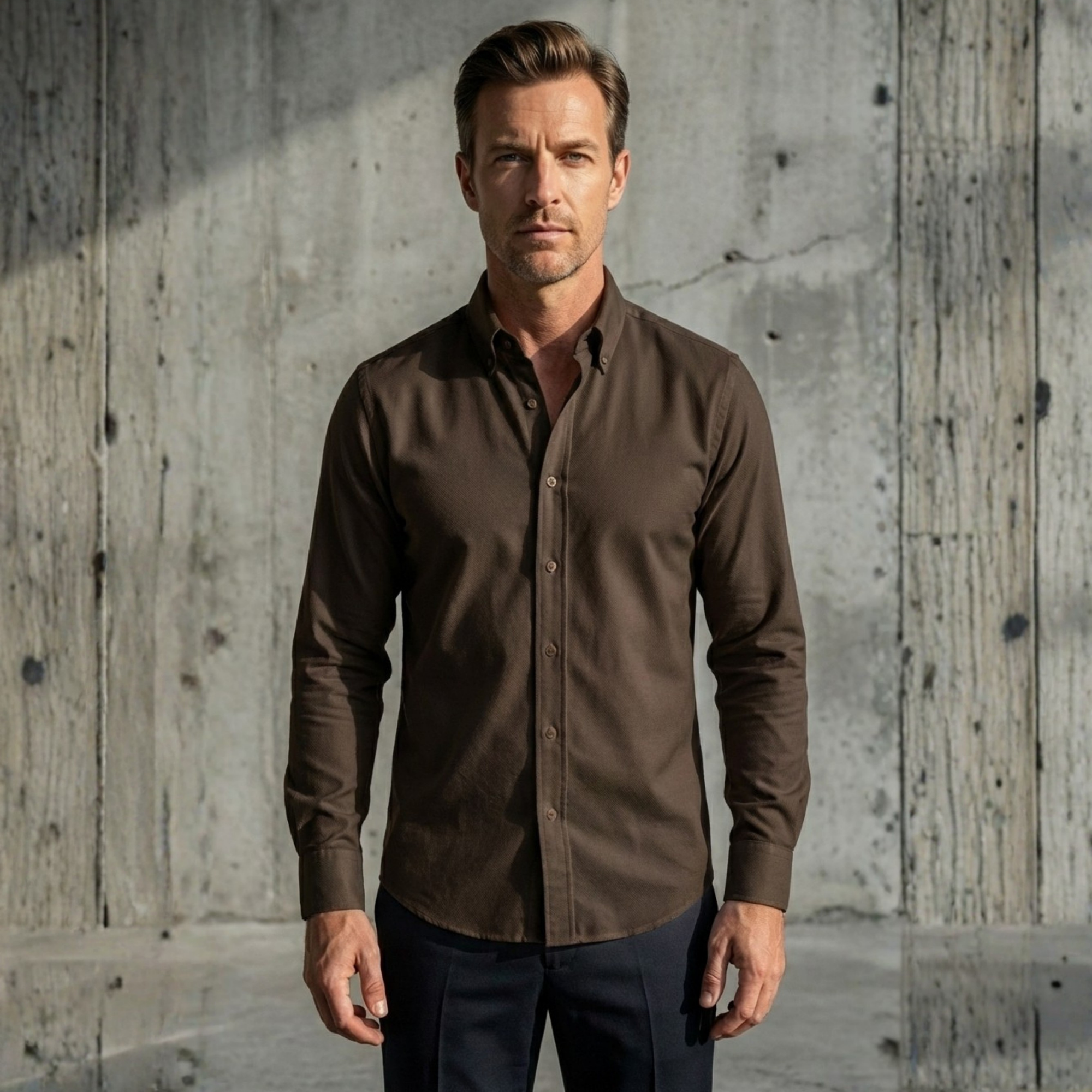 Brown Oxford Button-down Collar Cotton Lycra Slim Fit Casual Pocketless Shirt