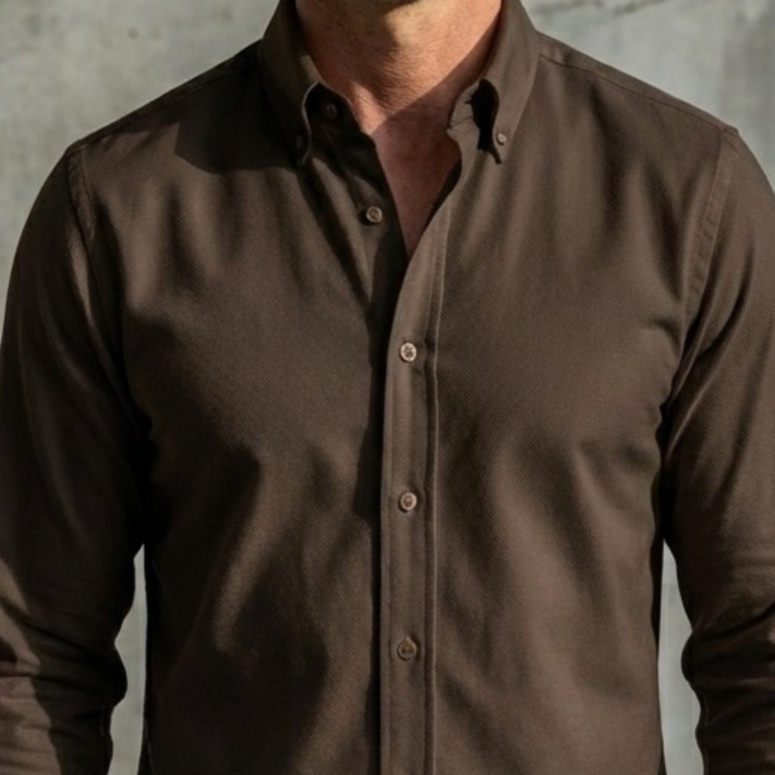 Brown Oxford Button-down Collar Cotton Lycra Slim Fit Casual Pocketless Shirt