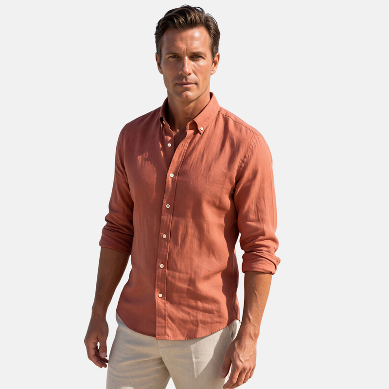 Kiremit %100 Keten Düğmeli Yaka Casual Modern Fit Cepsiz Gömlek