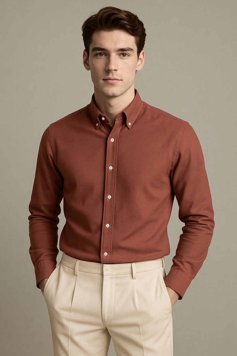 Kiremit Oxford Düğmeli Yaka Pamuk Likra Slim Fit Casual Cepsiz Gömlek