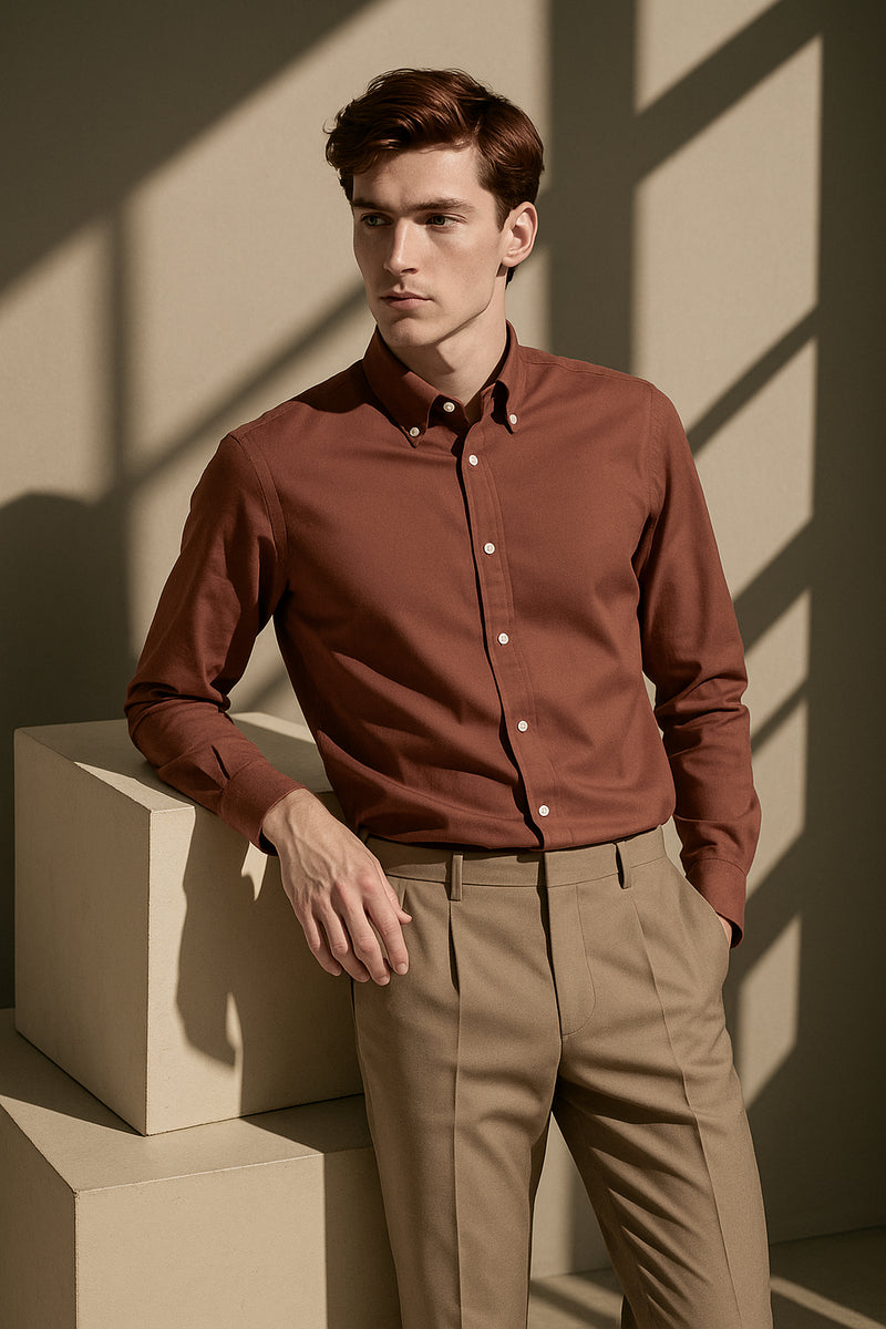 Kiremit Oxford Düğmeli Yaka Pamuk Likra Slim Fit Casual Cepsiz Gömlek