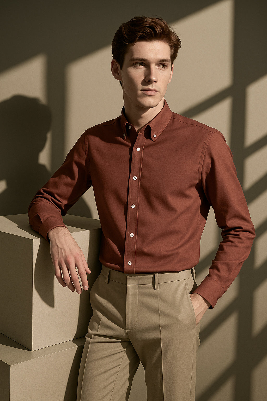 Kiremit Oxford Düğmeli Yaka Pamuk Likra Slim Fit Casual Cepsiz Gömlek