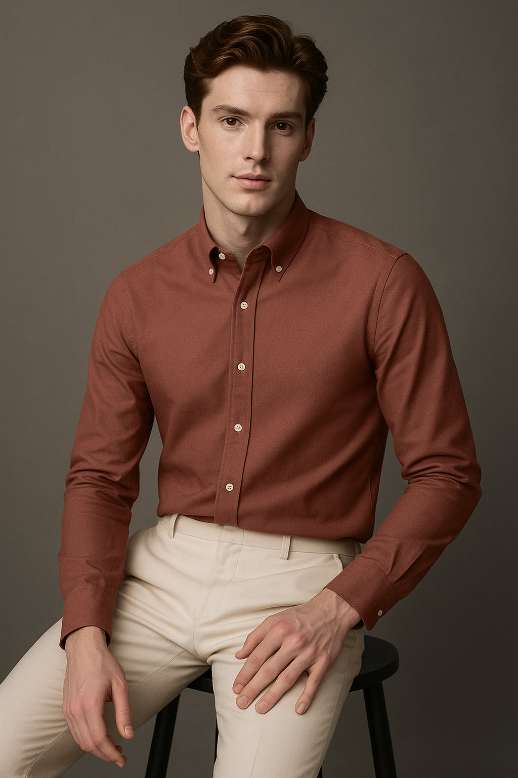 Kiremit Oxford Düğmeli Yaka Pamuk Likra Slim Fit Casual Cepsiz Gömlek