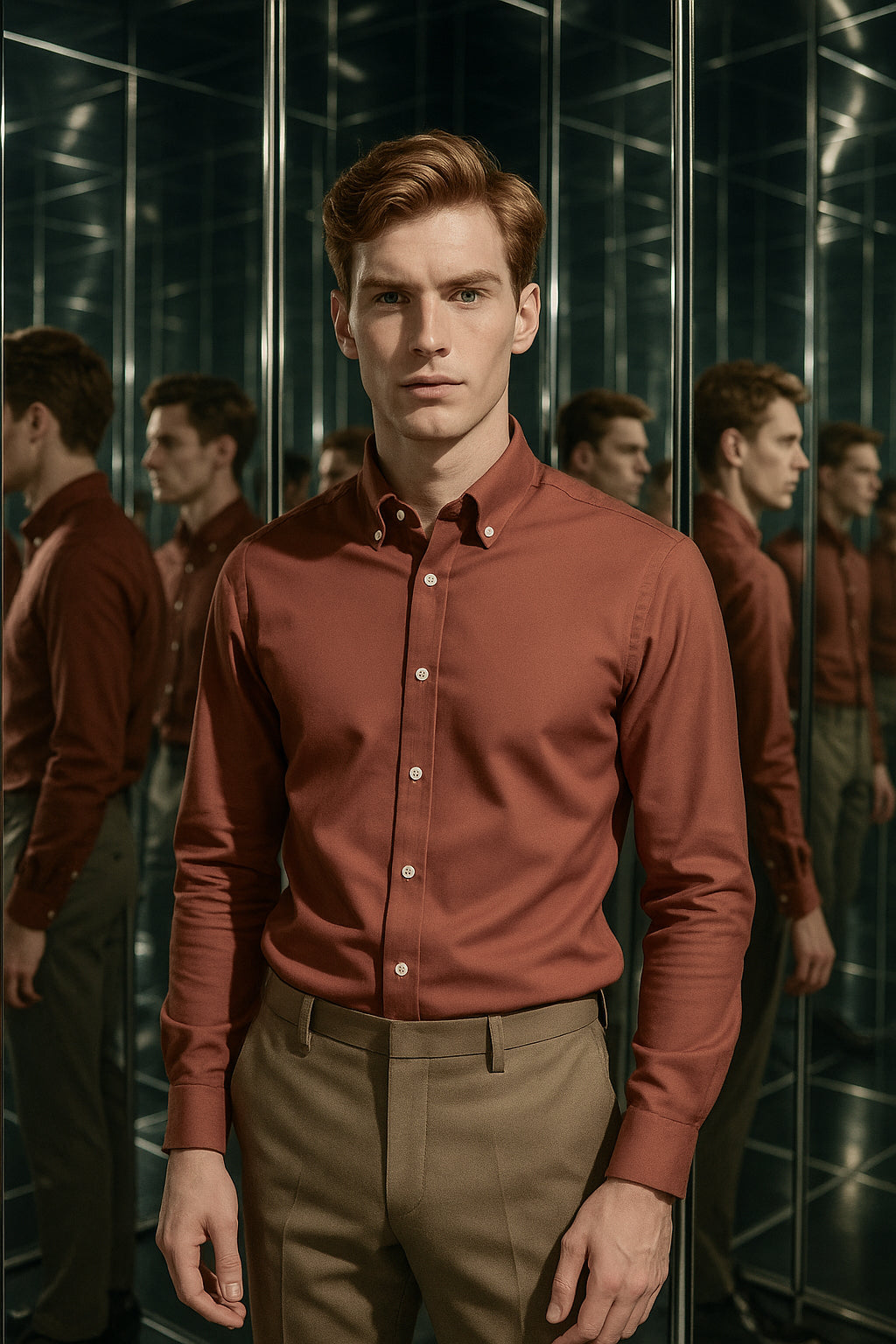Kiremit Oxford Düğmeli Yaka Pamuk Likra Slim Fit Casual Cepsiz Gömlek