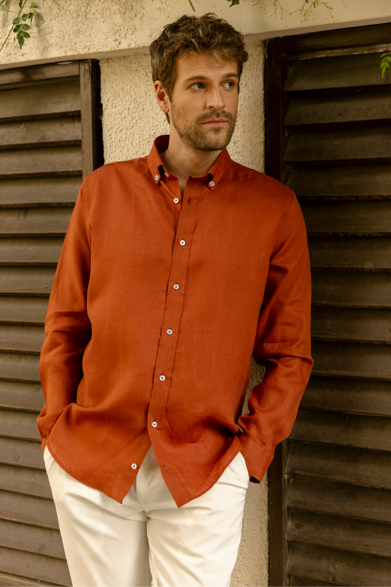 Kiremit %100 Keten Düğmeli Yaka Casual Modern Fit Cepsiz Gömlek