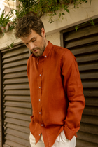Kiremit %100 Keten Düğmeli Yaka Casual Modern Fit Cepsiz Gömlek