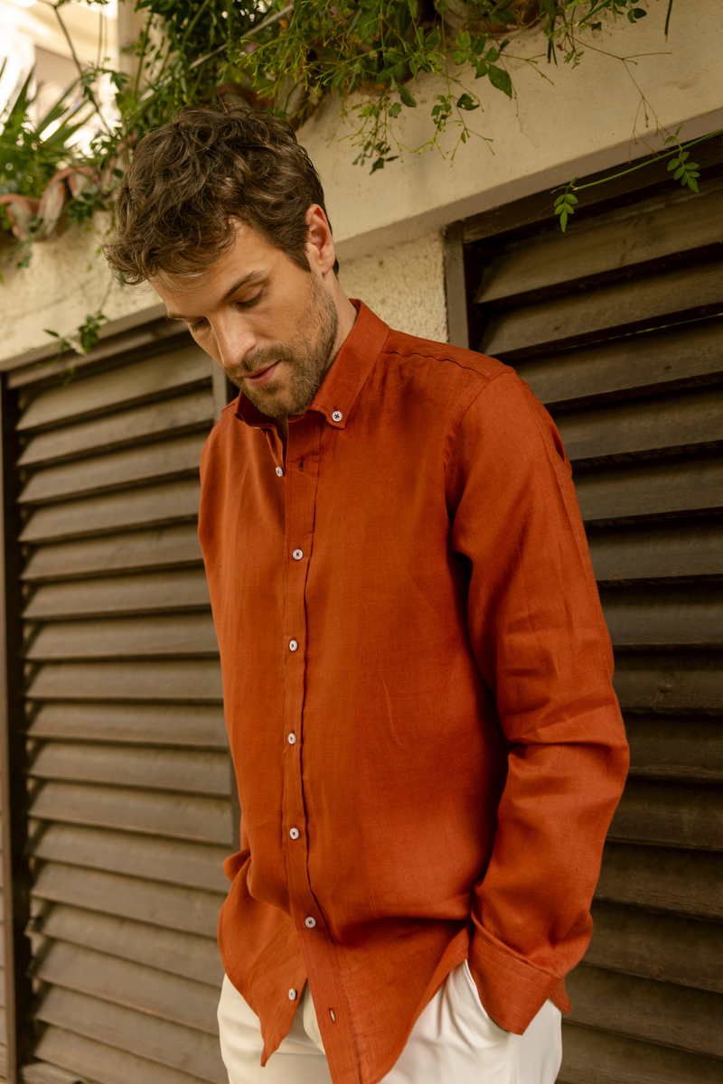 Kiremit %100 Keten Düğmeli Yaka Casual Modern Fit Cepsiz Gömlek