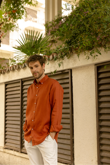 Kiremit %100 Keten Düğmeli Yaka Casual Modern Fit Cepsiz Gömlek