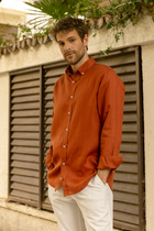 Kiremit %100 Keten Düğmeli Yaka Casual Modern Fit Cepsiz Gömlek