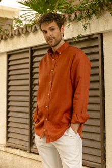 Kiremit %100 Keten Düğmeli Yaka Casual Modern Fit Cepsiz Gömlek
