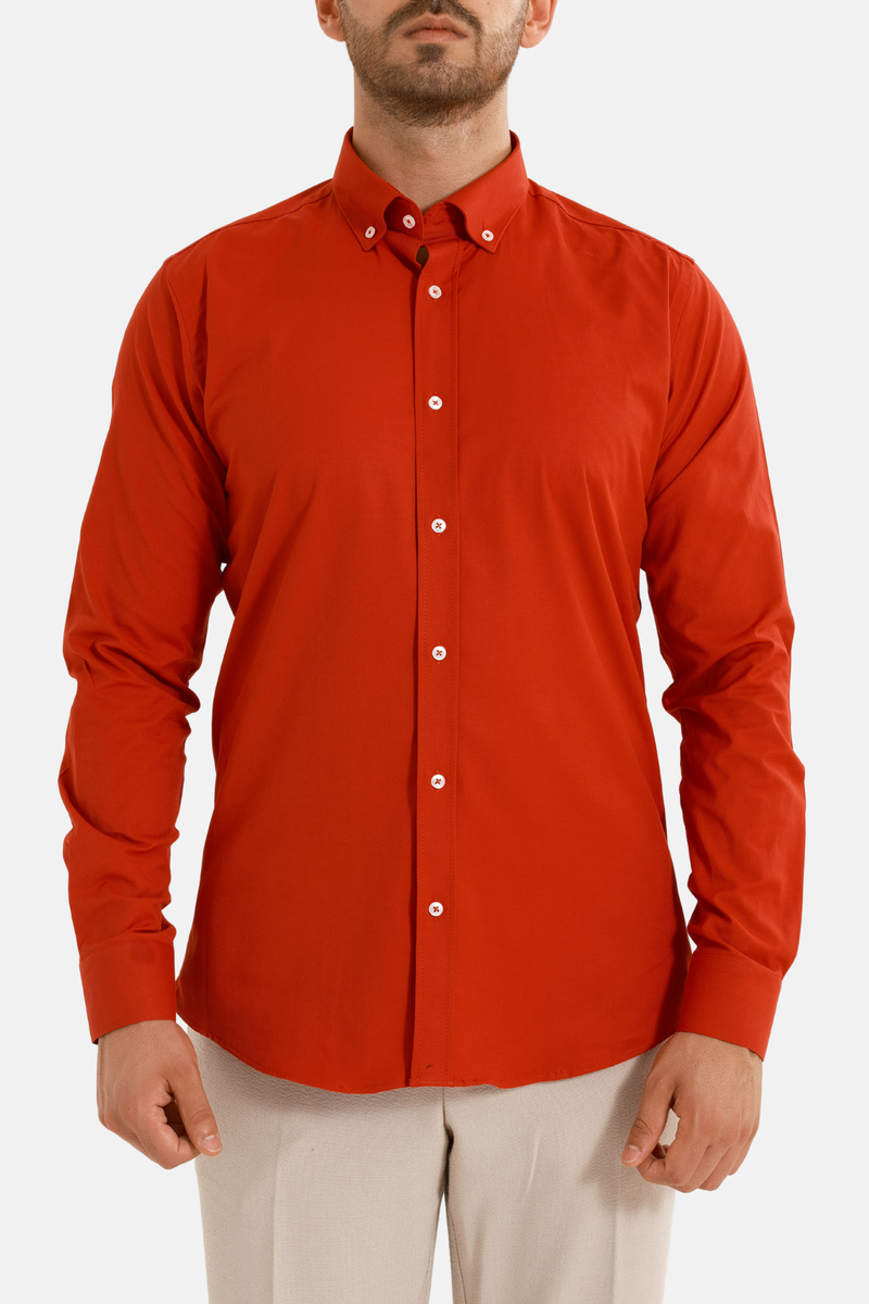 Kırmızı Oxford Düğmeli Yaka Pamuk Likra Slim Fit Casual Cepsiz Gömlek