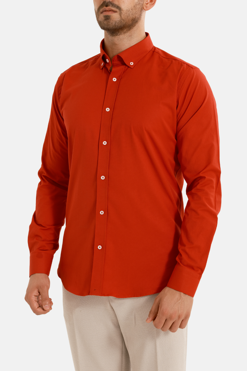 Kırmızı Oxford Düğmeli Yaka Pamuk Likra Slim Fit Casual Cepsiz Gömlek