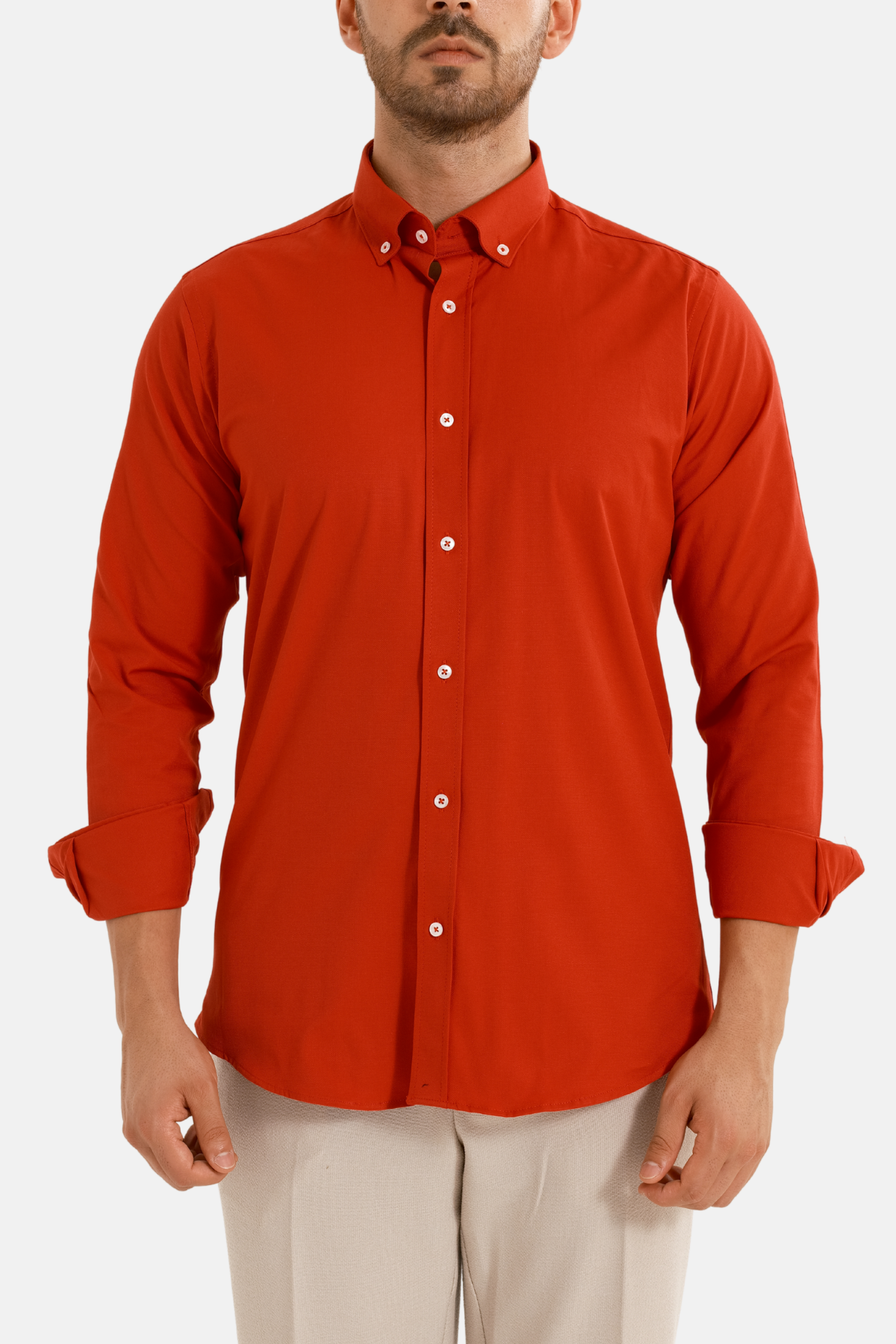 Kırmızı Oxford Düğmeli Yaka Pamuk Likra Slim Fit Casual Cepsiz Gömlek
