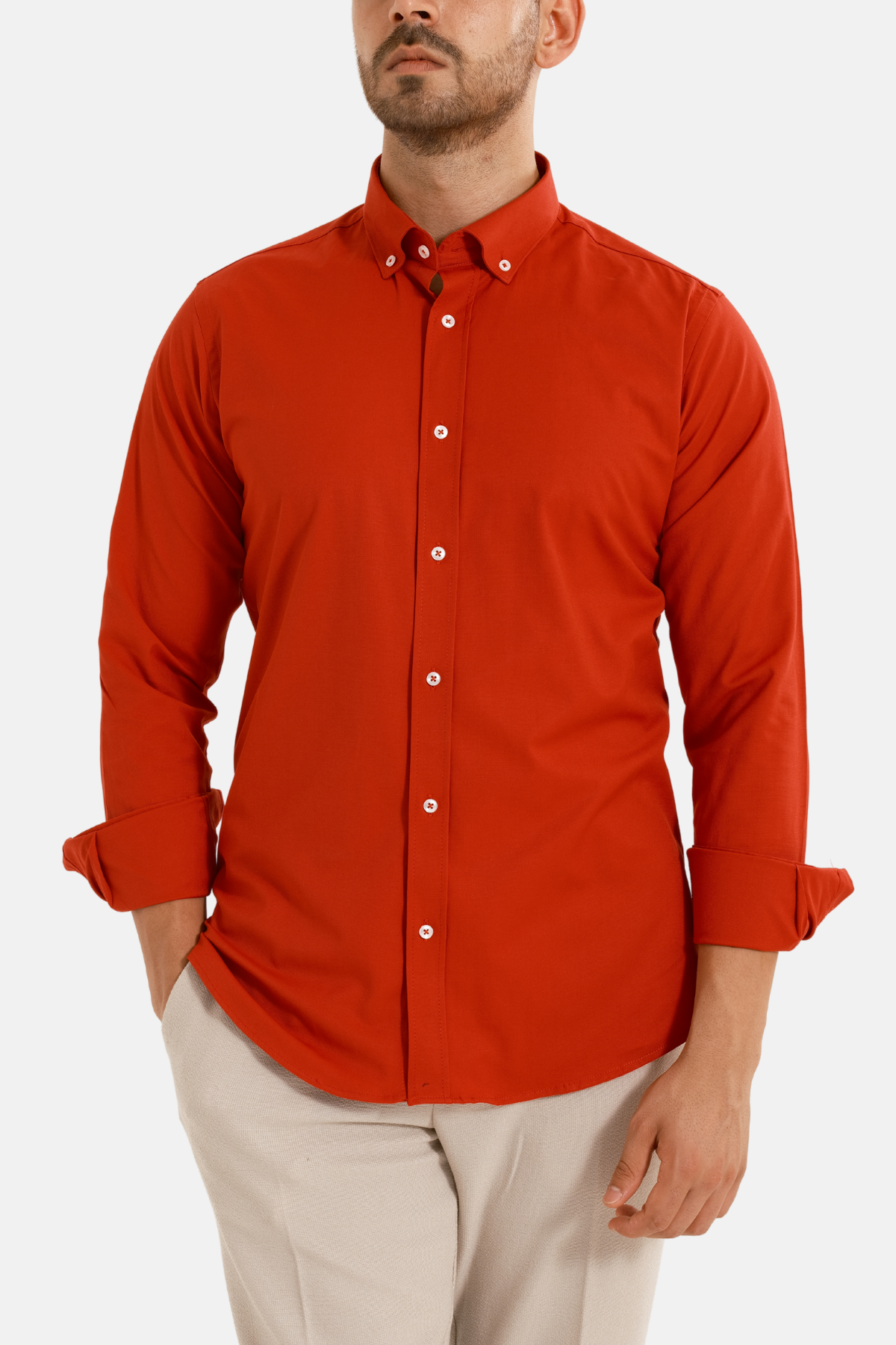 Kırmızı Oxford Düğmeli Yaka Pamuk Likra Slim Fit Casual Cepsiz Gömlek