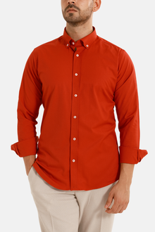 Kırmızı Oxford Düğmeli Yaka Pamuk Likra Slim Fit Casual Cepsiz Gömlek