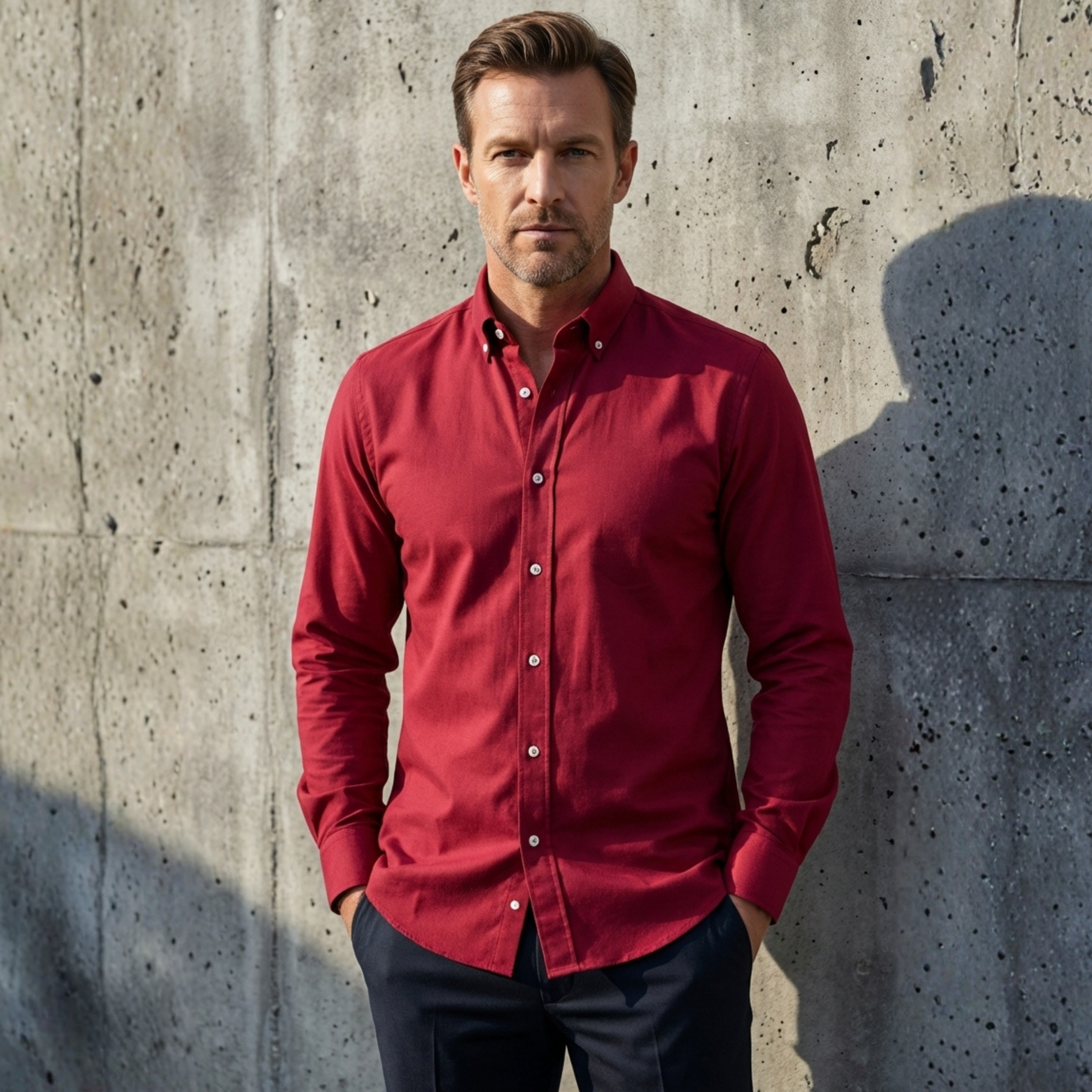 Red Oxford Button-down Collar Cotton Lycra Slim Fit Casual Pocketless Shirt