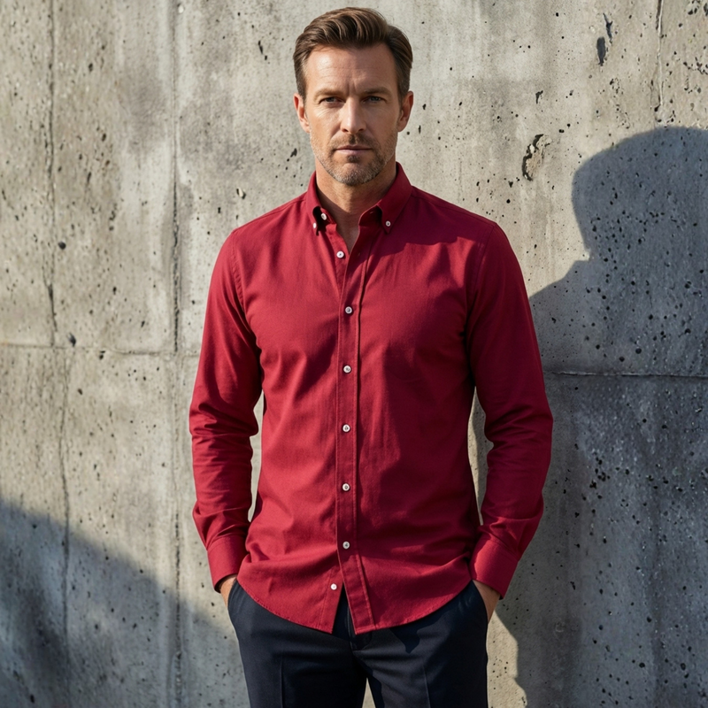 Kırmızı Oxford Düğmeli Yaka Pamuk Likra Slim Fit Casual Cepsiz Gömlek