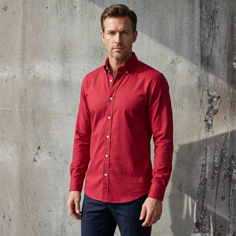 Kırmızı Oxford Düğmeli Yaka Pamuk Likra Slim Fit Casual Cepsiz Gömlek