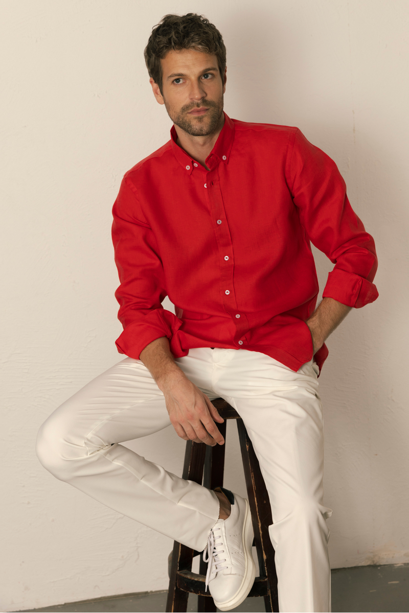 Kırmızı %100 Keten Düğmeli Yaka Casual Modern Fit Cepsiz Gömlek
