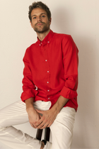 Kırmızı %100 Keten Düğmeli Yaka Casual Modern Fit Cepsiz Gömlek