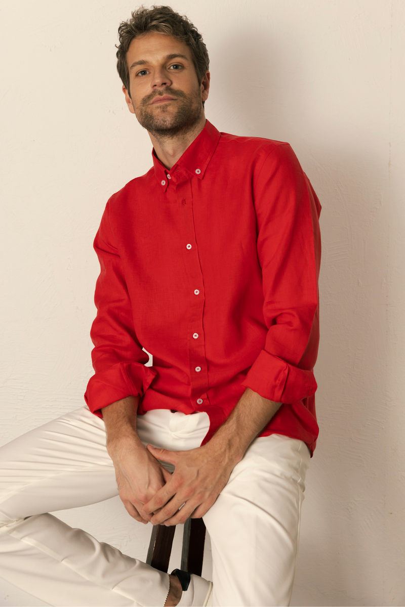 Kırmızı %100 Keten Düğmeli Yaka Casual Modern Fit Cepsiz Gömlek