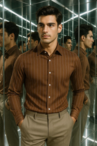 Koyu Kahve Çizgili Keten Viskon Karışımlı Düğmeli Yaka Casual Modern Fit Gömlek