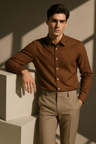 Koyu Kahve Çizgili Keten Viskon Karışımlı Düğmeli Yaka Casual Modern Fit Gömlek