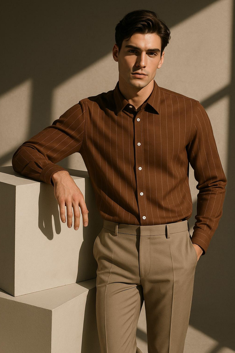 Koyu Kahve Çizgili Keten Viskon Karışımlı Düğmeli Yaka Casual Modern Fit Gömlek