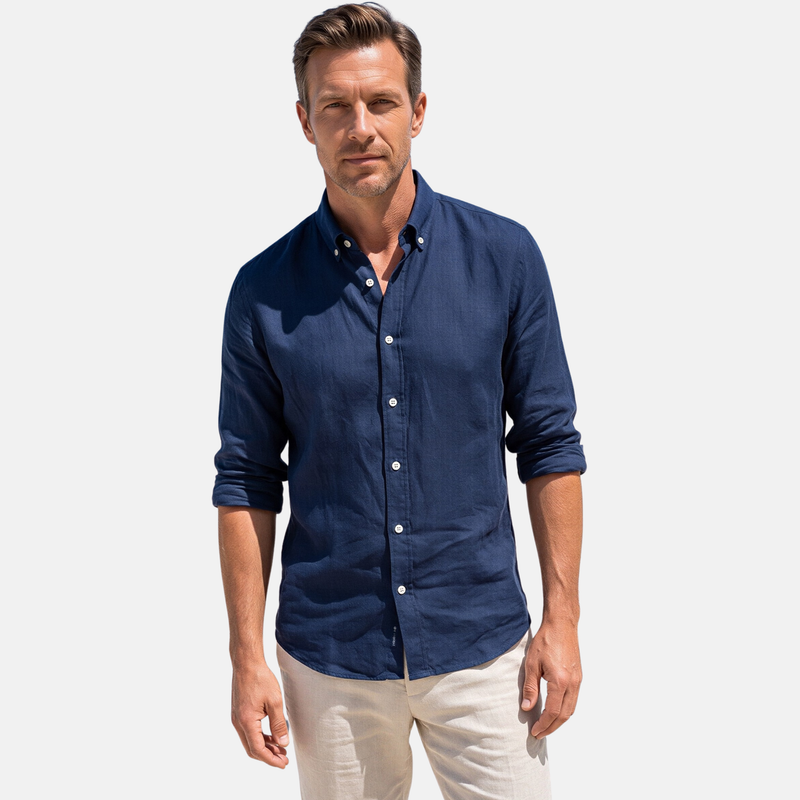 Lacivert %100 Keten Düğmeli Yaka Casual Modern Fit Cepsiz Gömlek