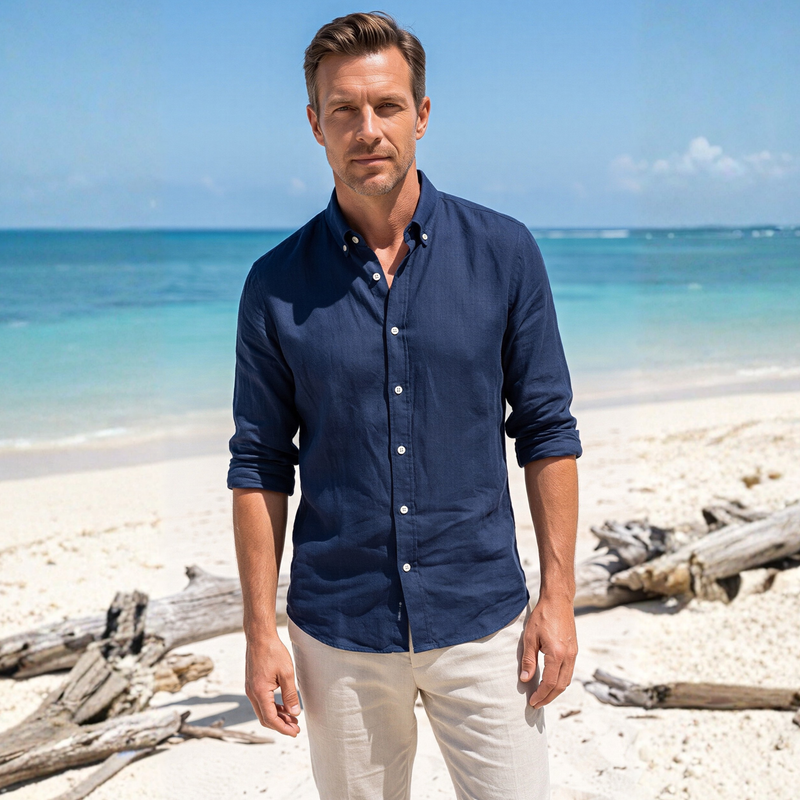 Lacivert %100 Keten Düğmeli Yaka Casual Modern Fit Cepsiz Gömlek