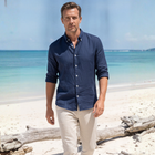 Lacivert %100 Keten Düğmeli Yaka Casual Modern Fit Cepsiz Gömlek