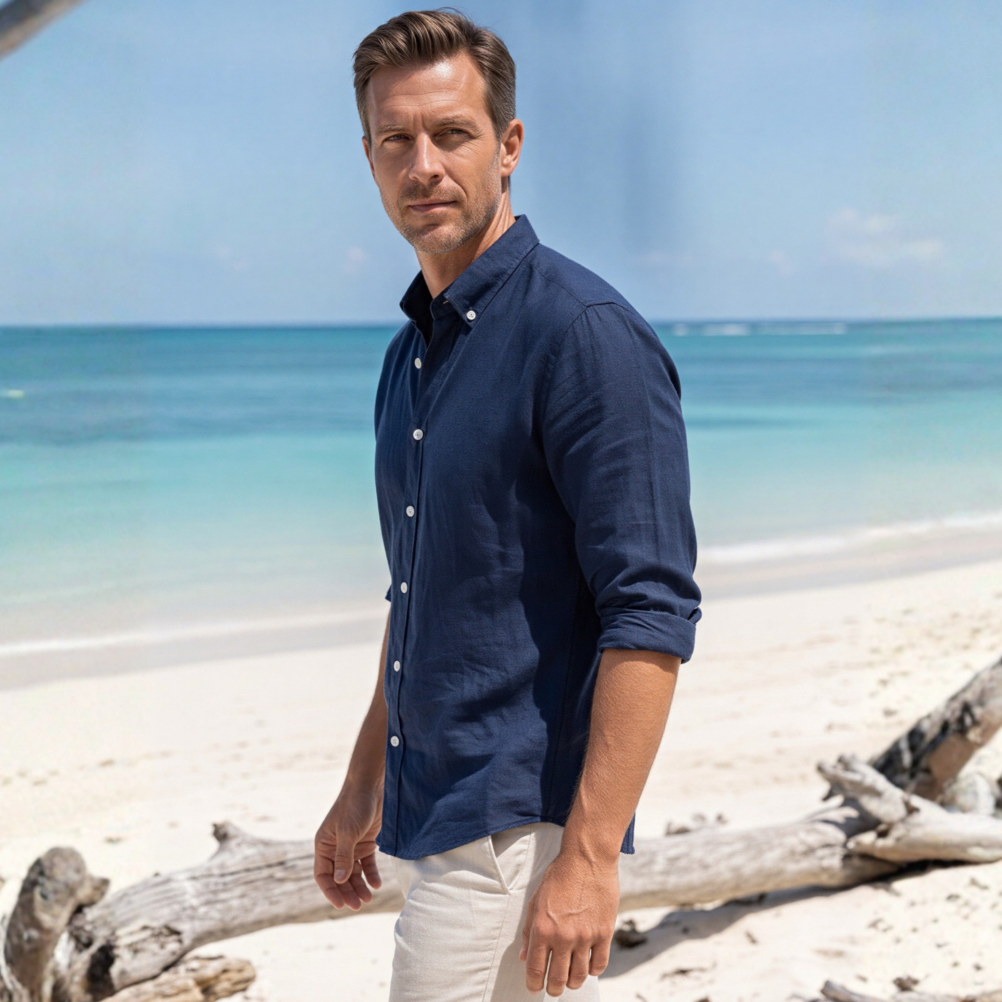 Lacivert %100 Keten Düğmeli Yaka Casual Modern Fit Cepsiz Gömlek