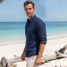 Lacivert %100 Keten Düğmeli Yaka Casual Modern Fit Cepsiz Gömlek